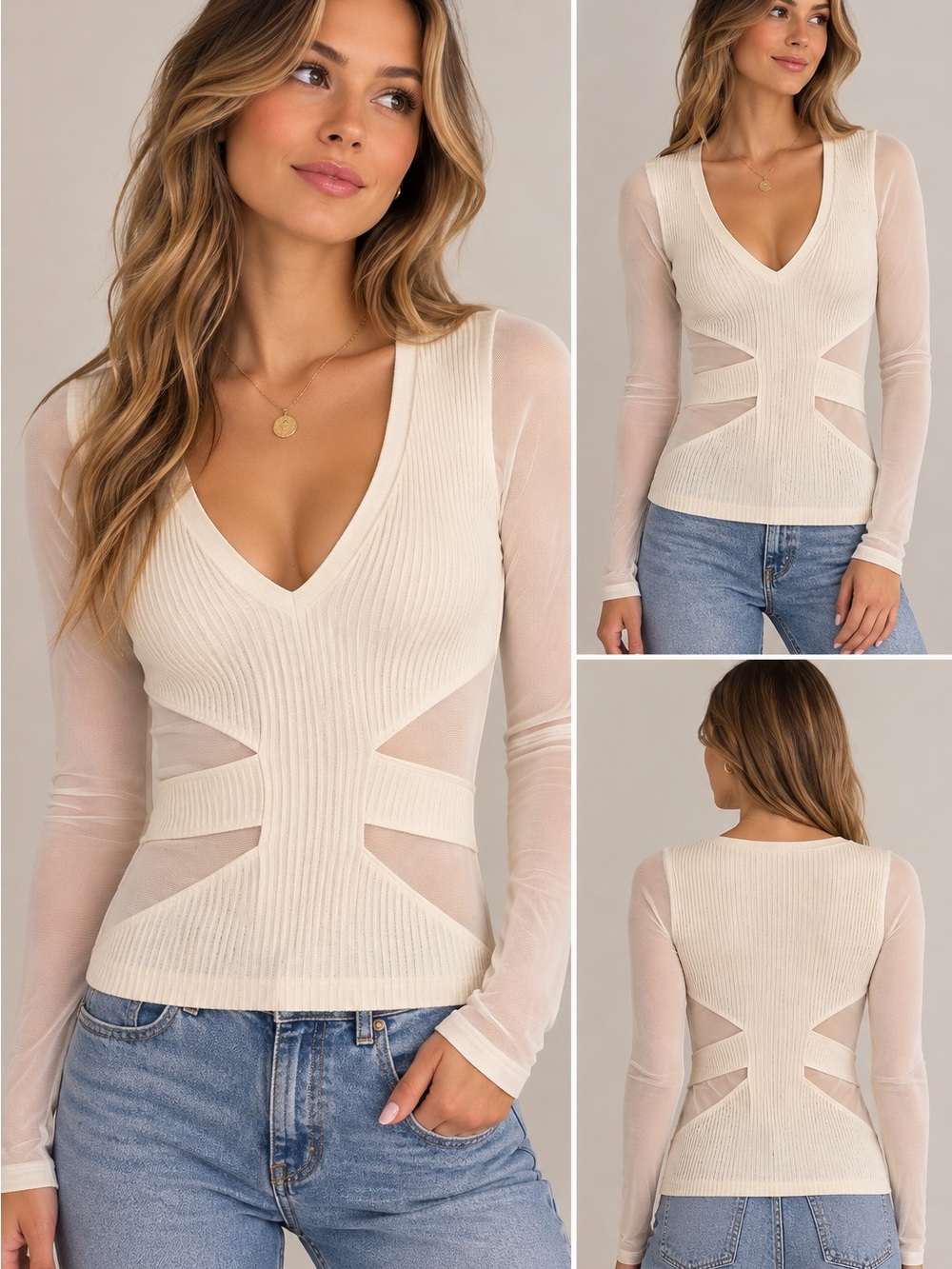 Intimately Free People Ivory Ribbed Mesh Long Sleeve Top XS/S Y2K Sheer Cutout